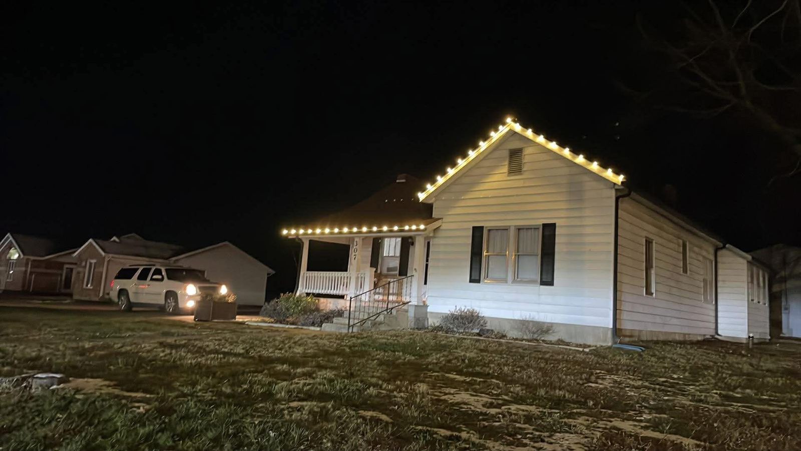 Cottage lit at night